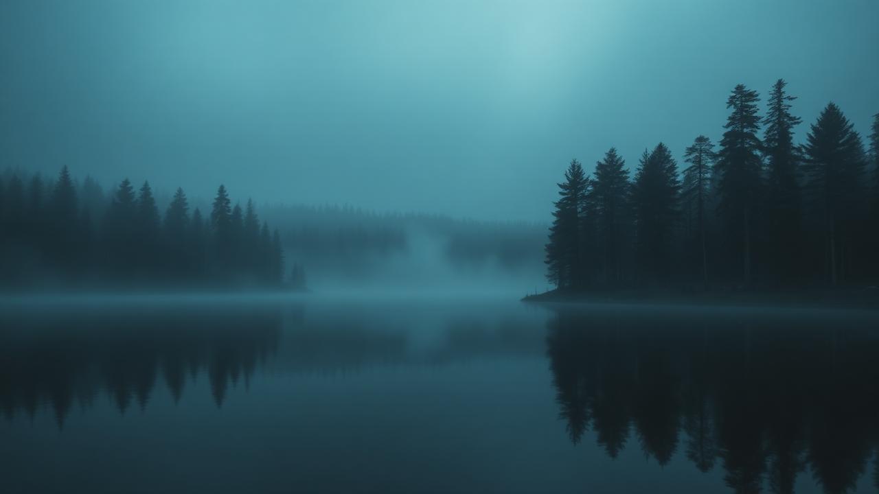 Dimma över en stilla skogssjö i gryningen